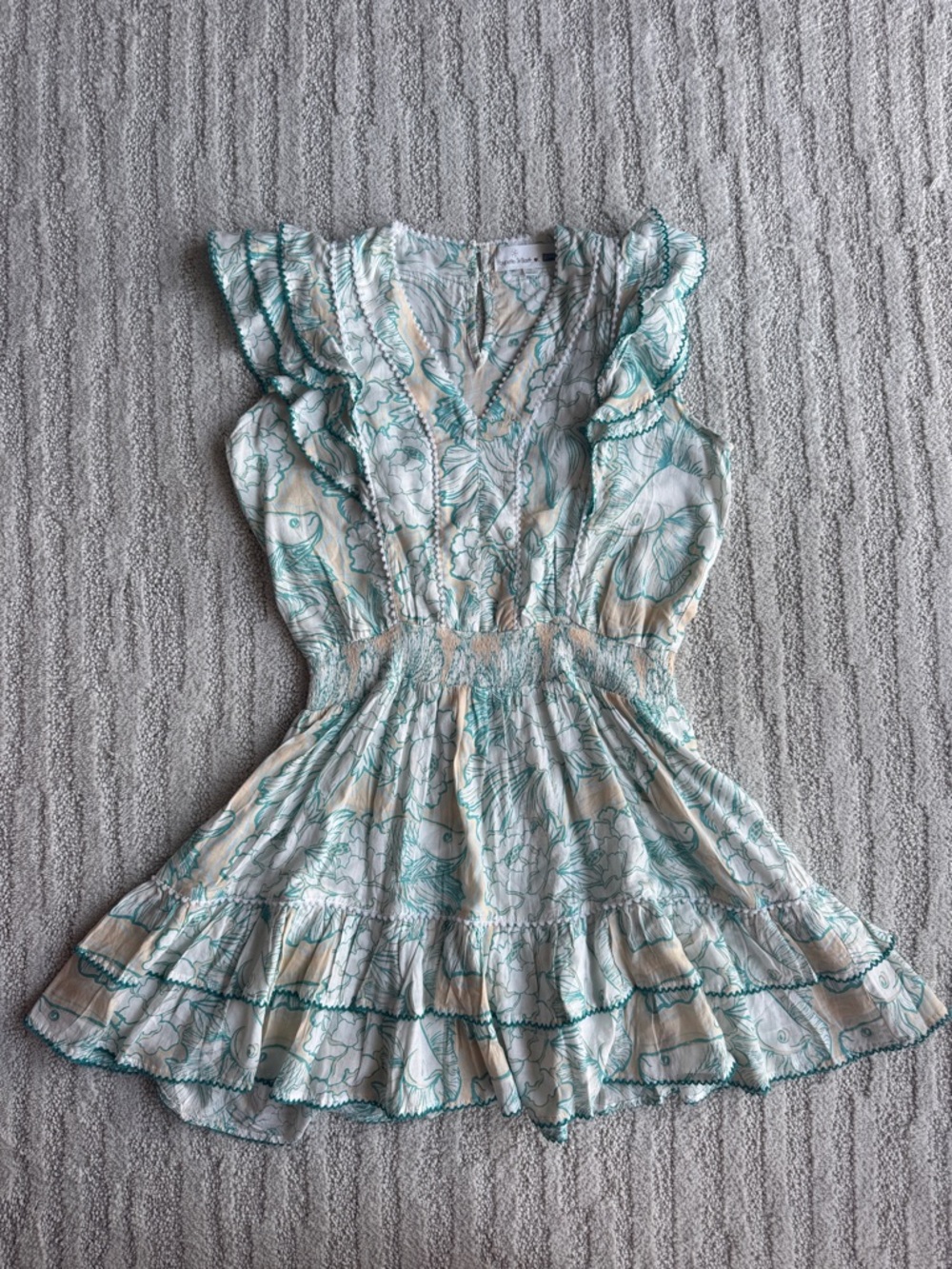 Poupette St. Barth Girls Floral Fish Smocked Waist Dress in Teal & Cream size 10